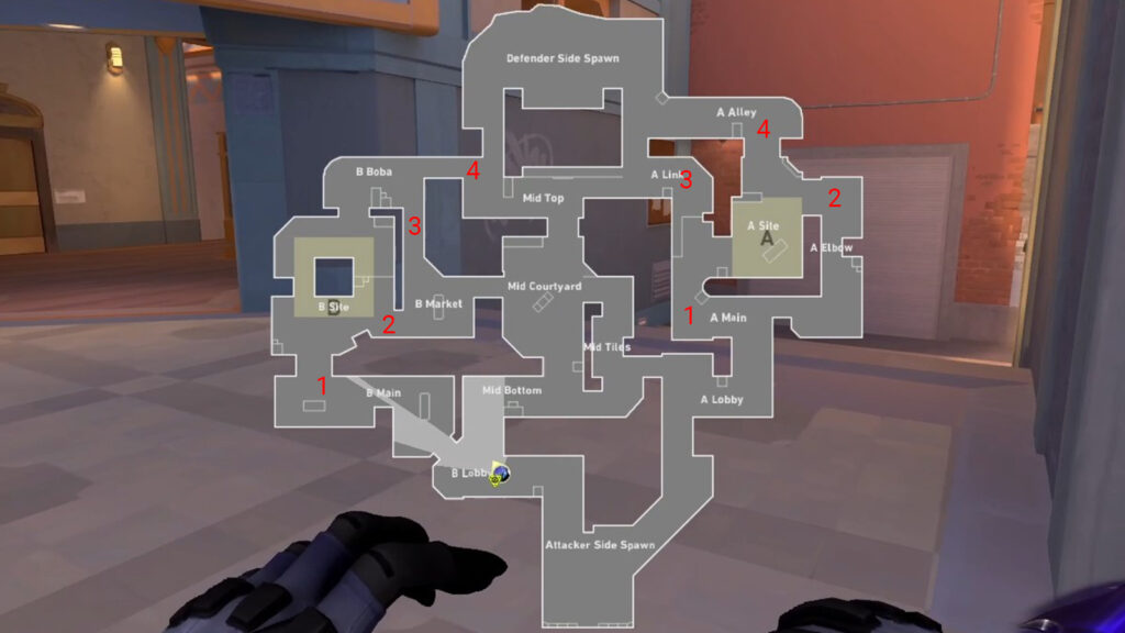Overhead view of an FPS map showing optimal smoke placements and sightlines